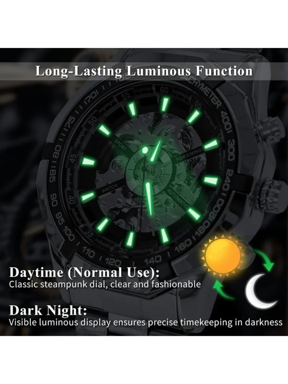 Stylish Mechanical Skeleton Watch for Men, Waterproof Stainless Steel, Luxury